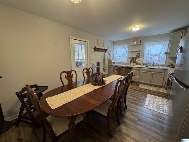 dining space with a healthy amount of sunlight, sink, and dark wood-type flooring