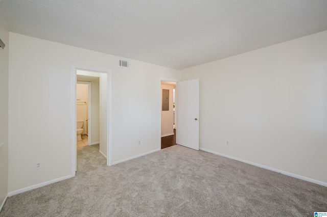 unfurnished bedroom with light colored carpet and a textured ceiling