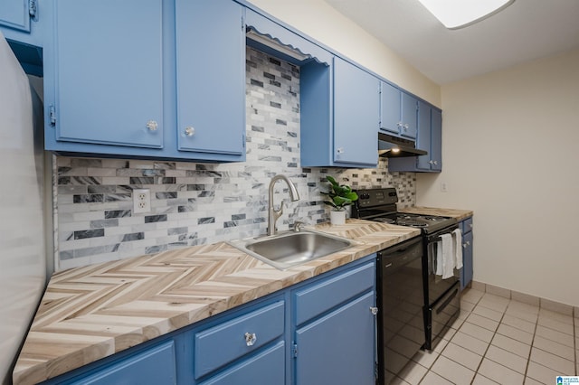 kitchen with black appliances, sink, decorative backsplash, blue cabinetry, and light tile patterned flooring