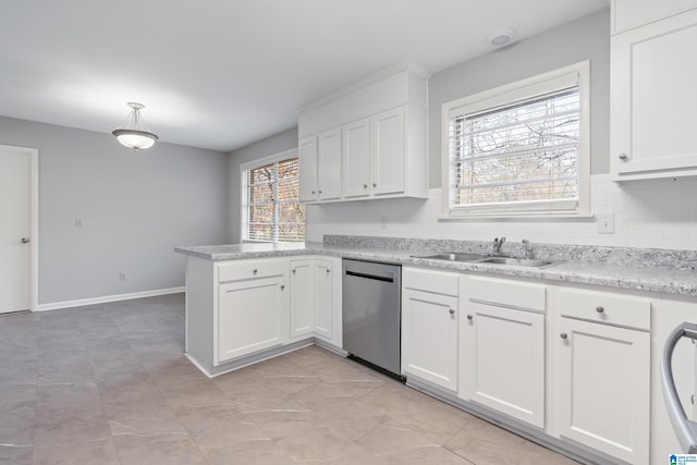 kitchen with sink, hanging light fixtures, stainless steel dishwasher, white cabinetry, and kitchen peninsula