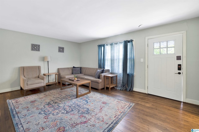 living room with dark hardwood / wood-style flooring