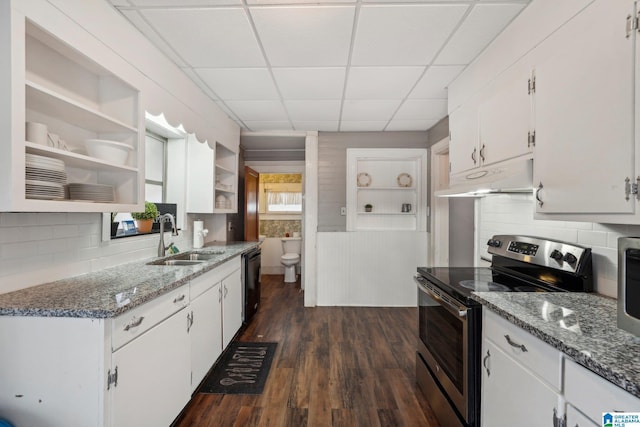 kitchen with stone counters, electric range, sink, dark hardwood / wood-style floors, and white cabinets