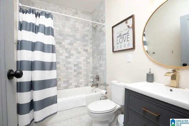 full bathroom with tile patterned flooring, vanity, toilet, and shower / bathtub combination with curtain