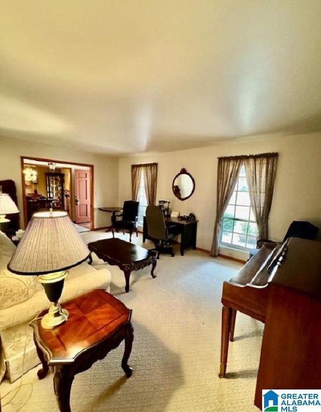 living room featuring light colored carpet