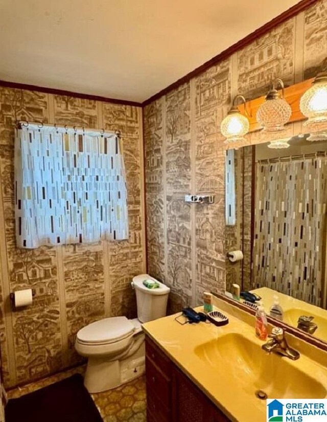 bathroom with vanity, toilet, and crown molding