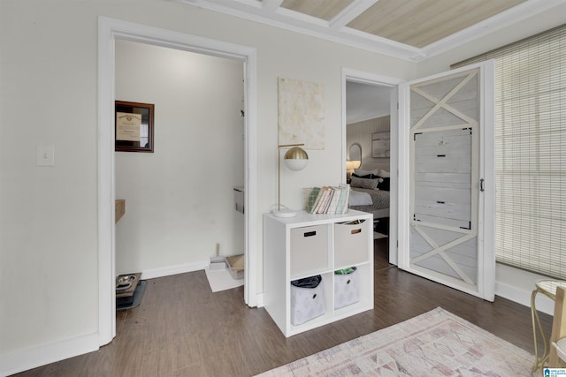 bathroom featuring wood-type flooring and ornamental molding