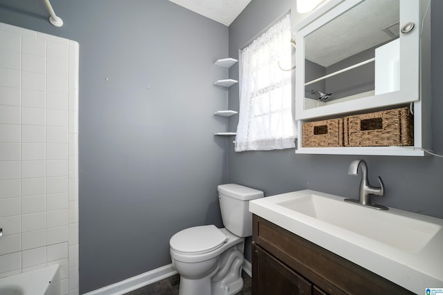 full bathroom with vanity, a textured ceiling, toilet, and shower / bathtub combination