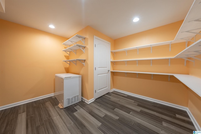 clothes washing area featuring dark hardwood / wood-style floors