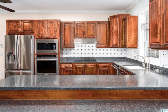 kitchen with appliances with stainless steel finishes, backsplash, crown molding, and sink