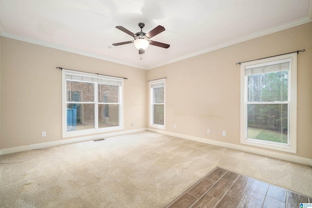 carpeted empty room featuring ceiling fan and ornamental molding