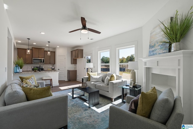 living room with ceiling fan, dark hardwood / wood-style flooring, and a fireplace