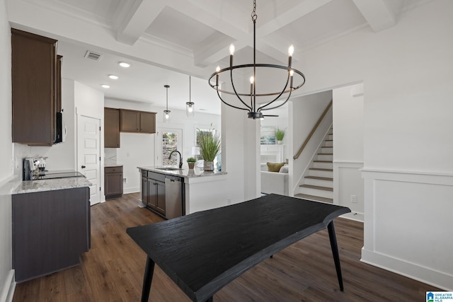 150 Sage Dr, Pell City, AL 35128 - dining room featuring a chandelier, dark wood-style flooring, coffered ceiling, stairs, and beamed ceiling