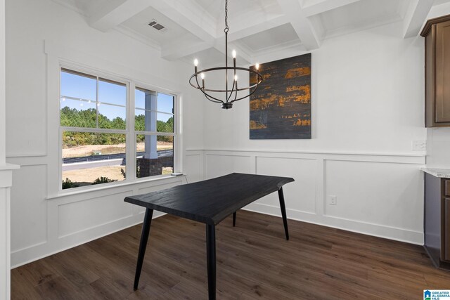 dining area with dark wood-type flooring, coffered ceiling, ornamental molding, beamed ceiling, and a notable chandelier