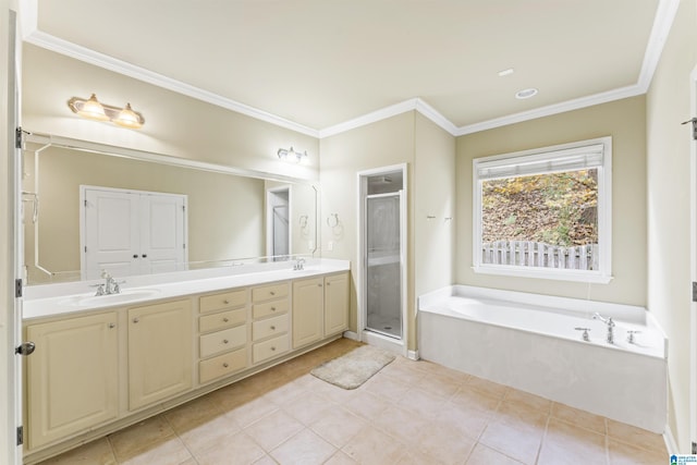 bathroom featuring vanity, crown molding, and independent shower and bath