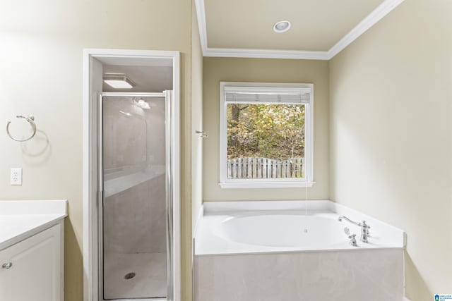 bathroom with vanity, independent shower and bath, and ornamental molding