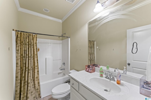 full bathroom with shower / bath combo, toilet, ornamental molding, and vanity