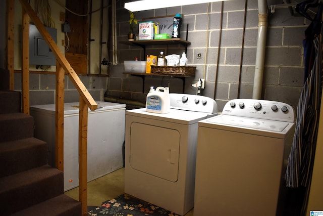 laundry room with electric panel and washing machine and clothes dryer