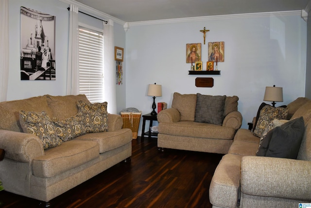 living room with dark hardwood / wood-style flooring and ornamental molding