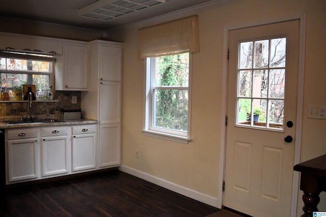 doorway with dark hardwood / wood-style floors, crown molding, and sink