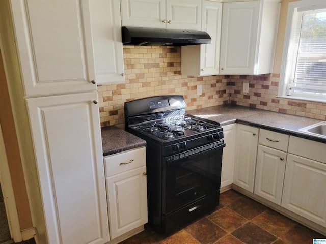 kitchen featuring decorative backsplash, black range with gas stovetop, white cabinetry, and sink