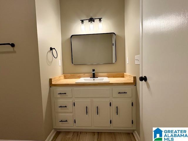 bathroom featuring vanity and wood-type flooring