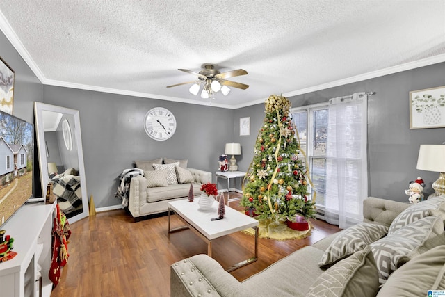 living room with ceiling fan, crown molding, wood-type flooring, and a textured ceiling