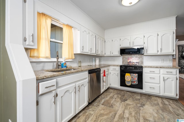 kitchen featuring white cabinetry, dishwasher, light stone countertops, sink, and oven