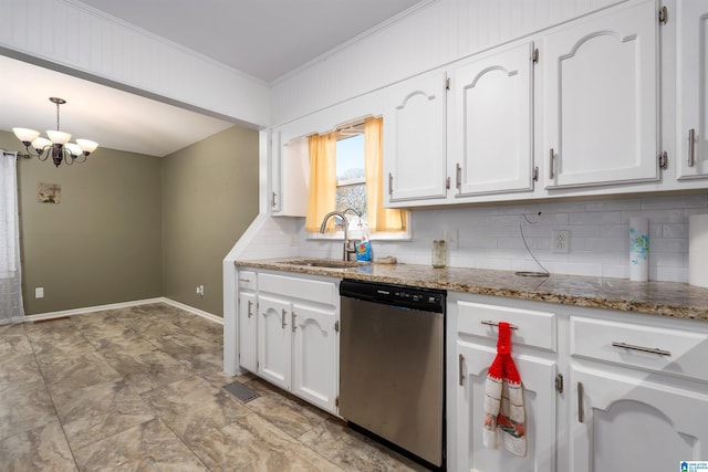 kitchen featuring dishwasher, crown molding, sink, tasteful backsplash, and white cabinetry