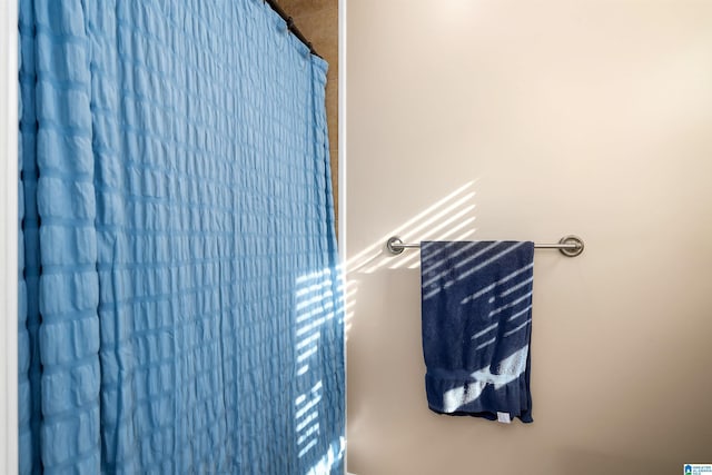 bathroom with a shower with shower curtain