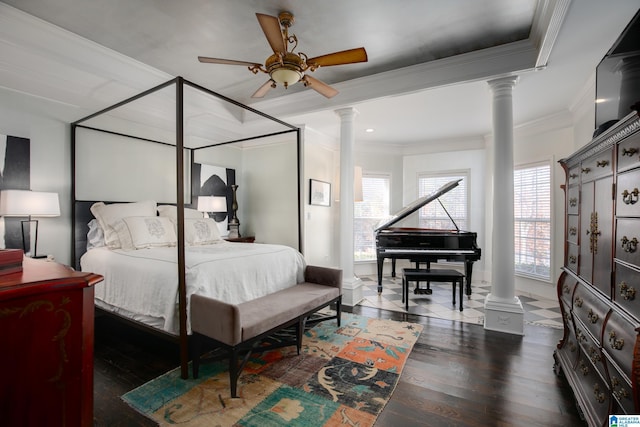 bedroom featuring multiple windows, ceiling fan, dark hardwood / wood-style flooring, and ornamental molding