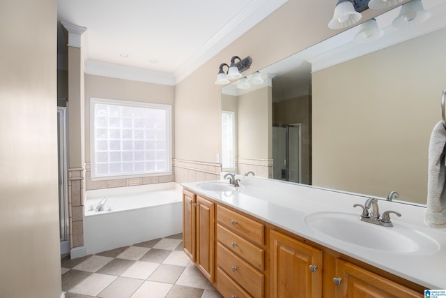 bathroom featuring tile patterned floors, plus walk in shower, vanity, and ornamental molding