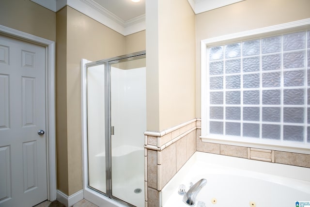 bathroom featuring crown molding and plus walk in shower