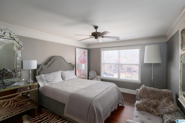 bedroom featuring ceiling fan, crown molding, and dark wood-type flooring