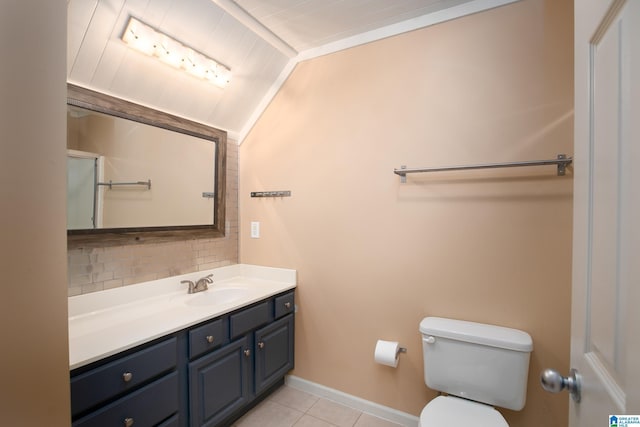 bathroom featuring tile patterned flooring, lofted ceiling, toilet, vanity, and wood ceiling