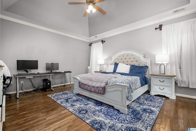 bedroom featuring ceiling fan, dark hardwood / wood-style floors, and ornamental molding