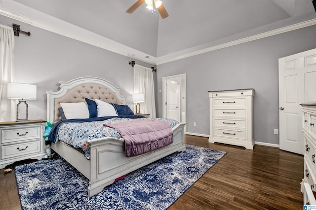 bedroom with dark hardwood / wood-style floors, ceiling fan, and crown molding