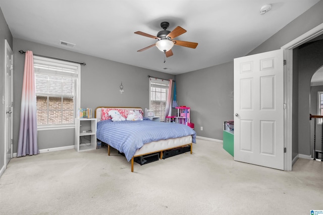 carpeted bedroom featuring ceiling fan