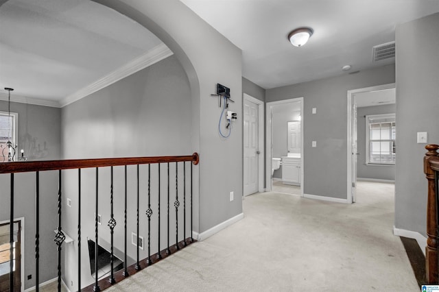 corridor with carpet flooring and crown molding