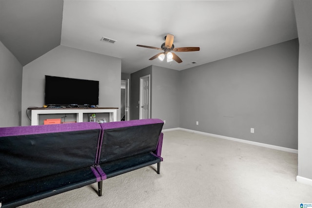 bedroom featuring carpet, ceiling fan, and lofted ceiling