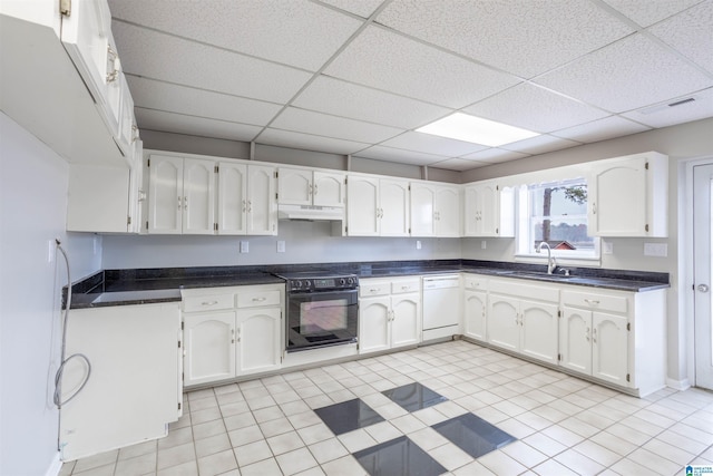 kitchen featuring dishwasher, white cabinets, black range, and sink