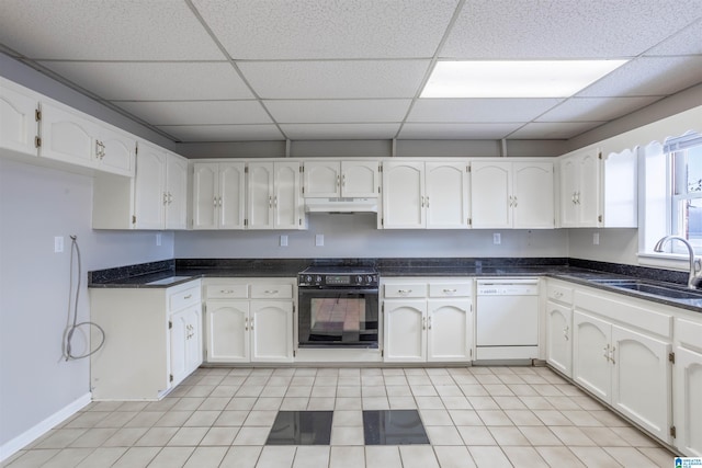 kitchen featuring white dishwasher, white cabinetry, sink, and black electric range