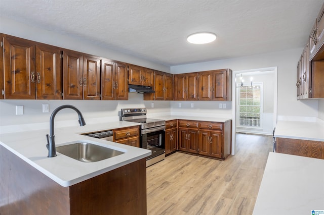 kitchen with stainless steel range with electric stovetop, sink, a textured ceiling, light hardwood / wood-style floors, and kitchen peninsula