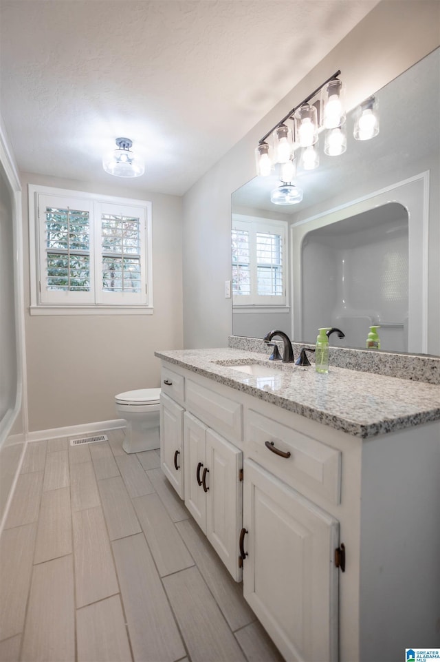 bathroom featuring vanity, toilet, walk in shower, and a wealth of natural light