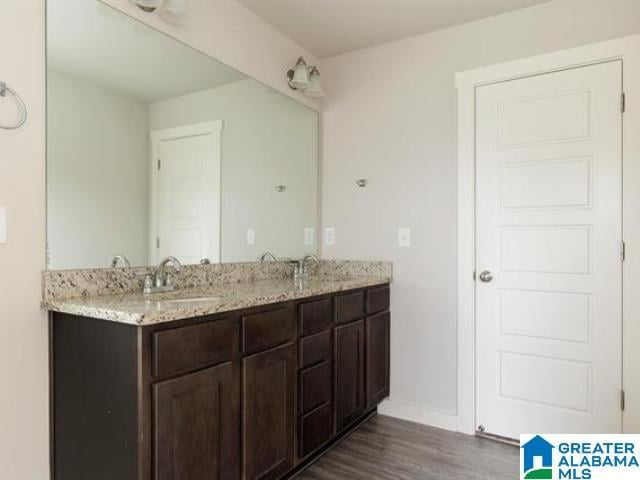 bathroom with hardwood / wood-style floors and vanity