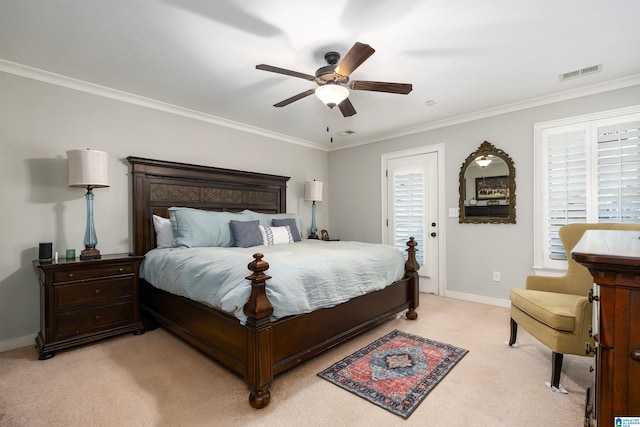 bedroom with ceiling fan, light colored carpet, and ornamental molding