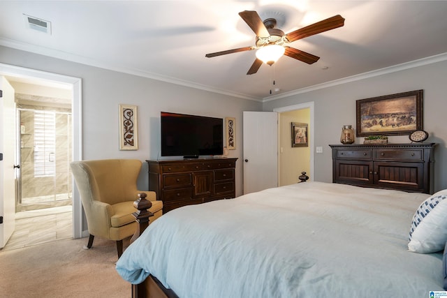 bedroom featuring ensuite bath, ceiling fan, crown molding, and light carpet