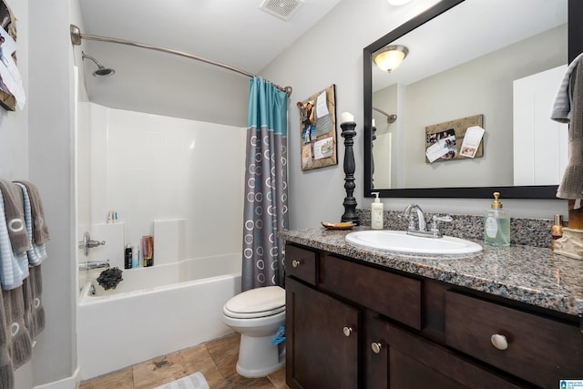 full bathroom with vanity, shower / bathtub combination with curtain, and toilet