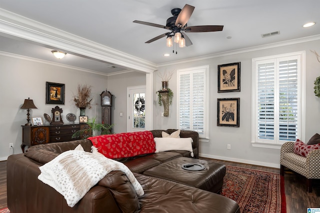 living room featuring ceiling fan, dark hardwood / wood-style flooring, crown molding, and a wealth of natural light