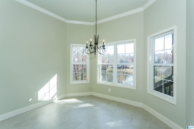 unfurnished dining area with a chandelier, crown molding, and light tile patterned flooring