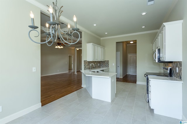 kitchen with kitchen peninsula, tasteful backsplash, white cabinetry, and range with electric stovetop